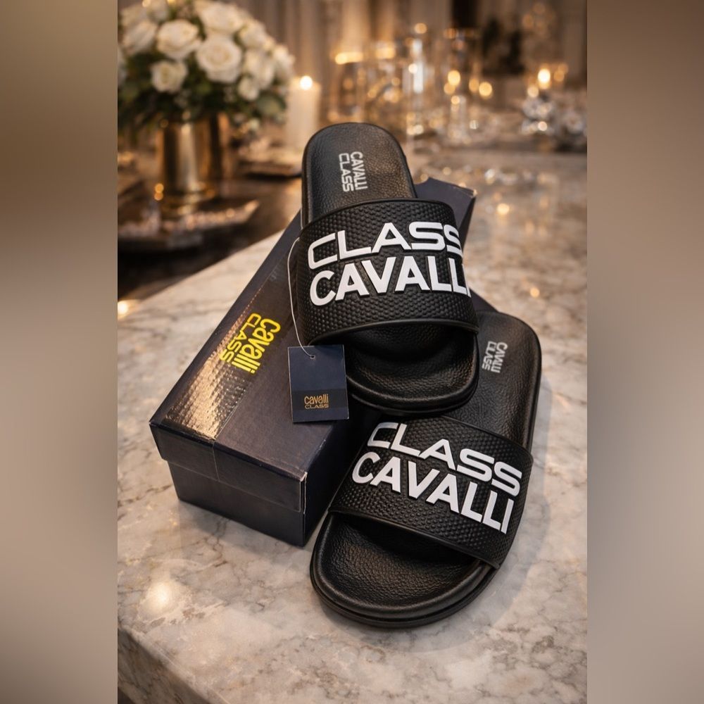 Class Cavalli Logo Slide Sandals Black | Size 42 | New W/ Box & Tags